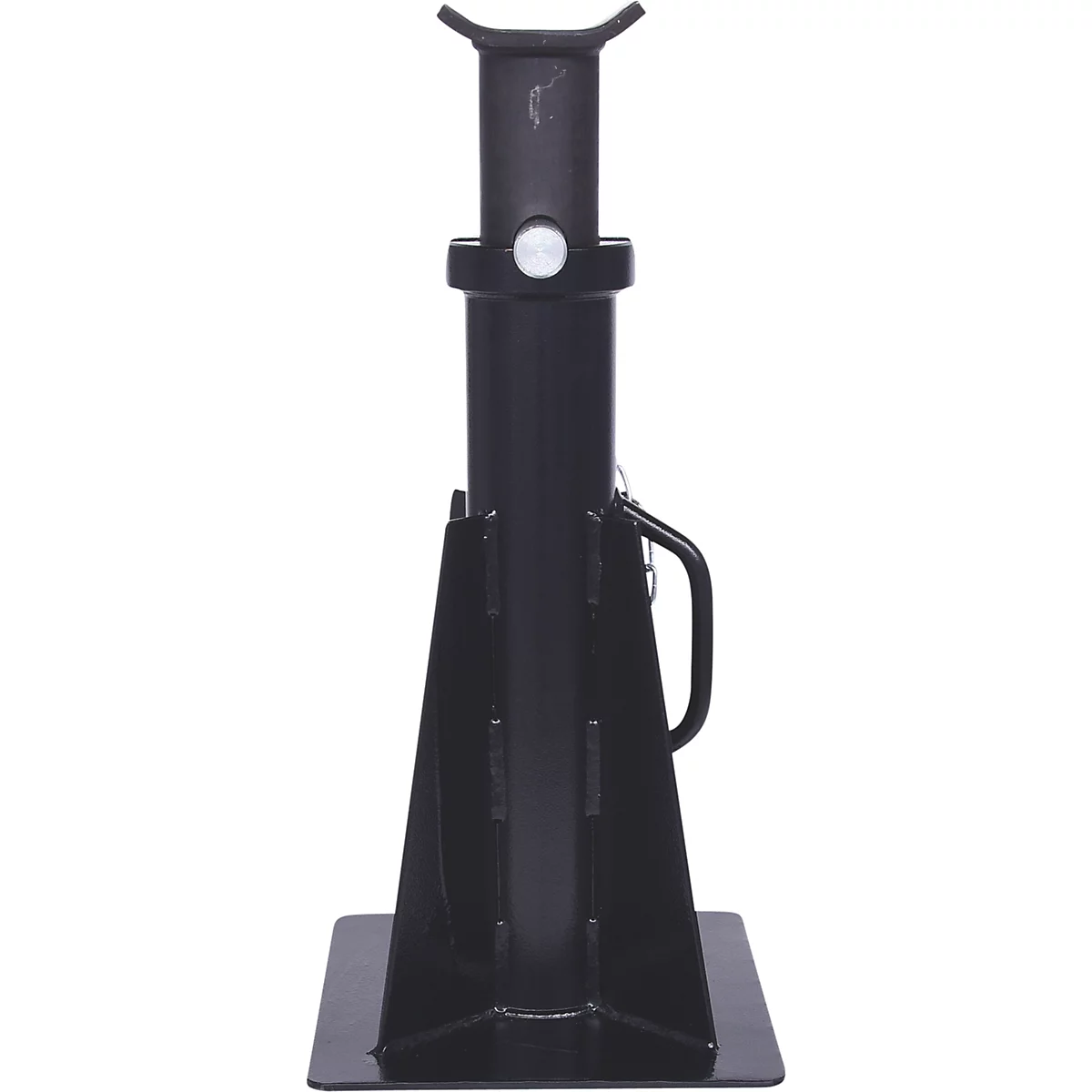 Schwarze, stabile Wagenheberstütze. Ein breiter Fuß trägt die pyramidenförmige Basis, von der eine Säule emporragt. Der obere Teil dient zur Aufnahme.